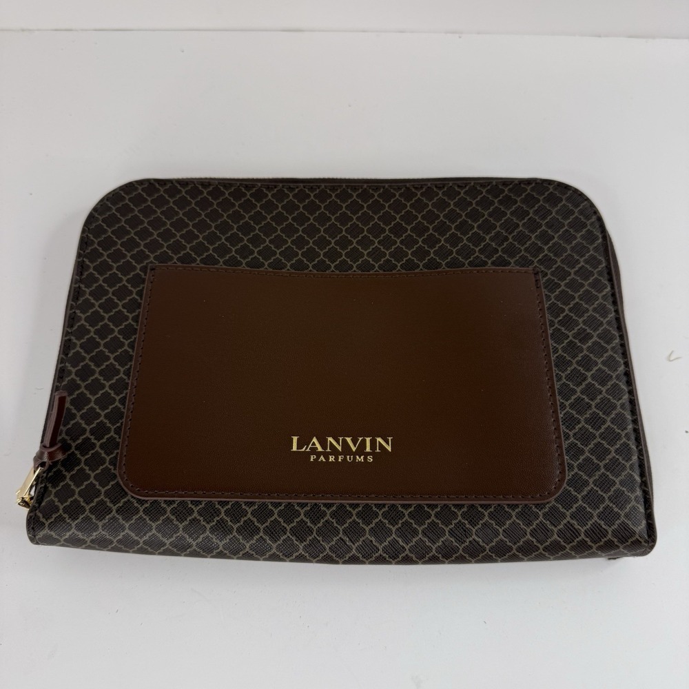 LANVIN Perfumes Airline Mini Makeup Toiletry Bag Travel Case Brown Gold Leather